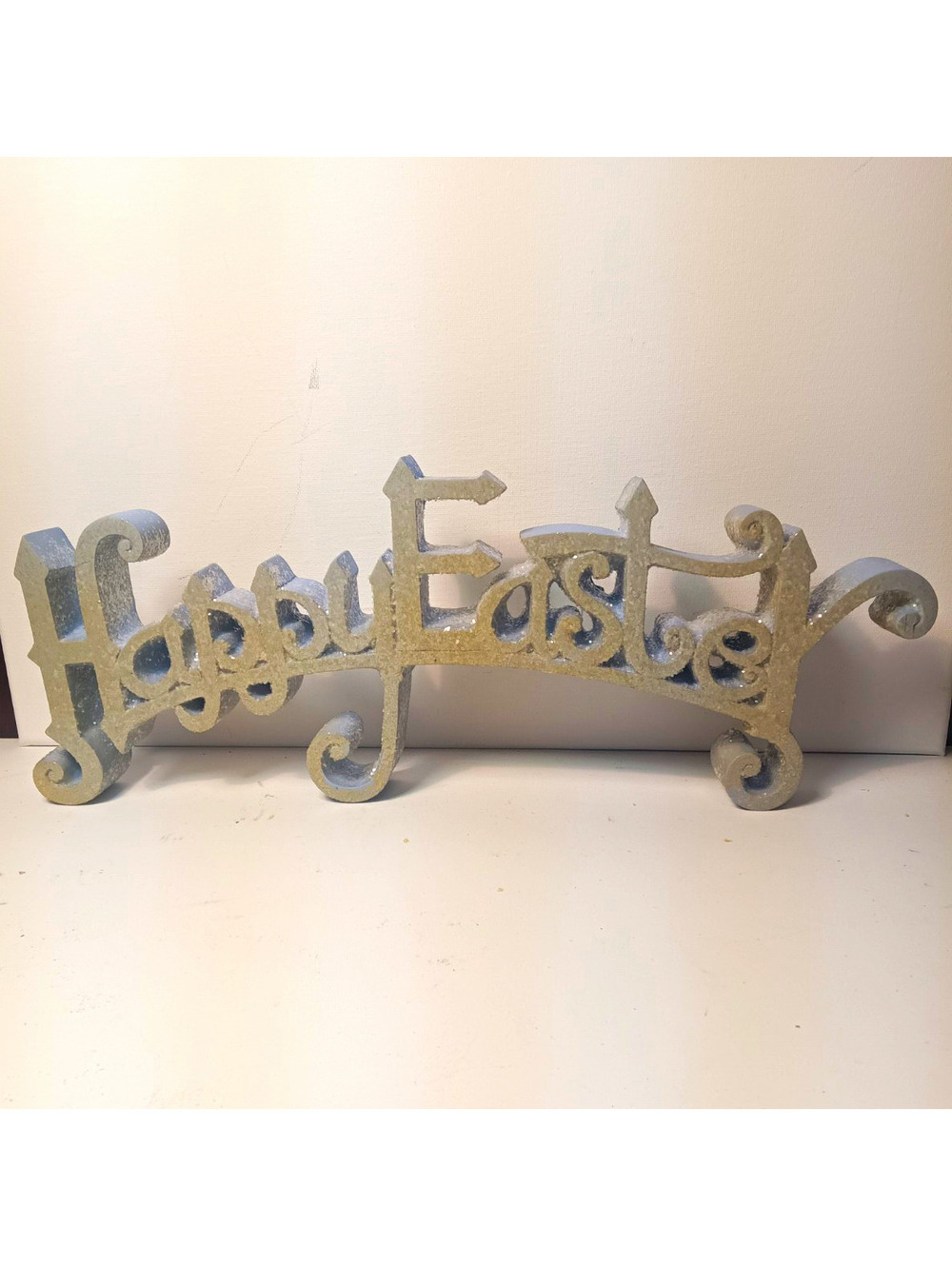 Happy Easter Ceramic Glitter Shelfsitter in Blueand green Green freestanding 15"